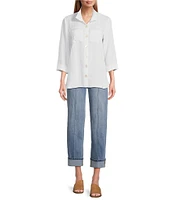 John Mark Petite Size Solid Woven 3/4 Sleeve Wire Collared Button Front Patch Pocket Camp Shirt