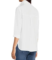 John Mark Petite Size Solid Woven 3/4 Sleeve Wire Collared Button Front Patch Pocket Camp Shirt