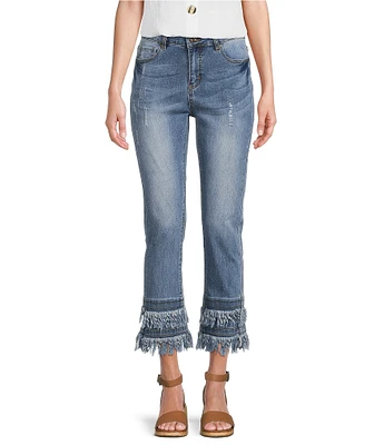 John Mark Petite Size Straight Leg 5-Pocket Fringe Hem Jeans