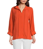 John Mark Petite Size Wire Collar Split V-Neck 3/4 Sleeve Pintuck Detail Top