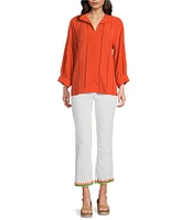 John Mark Petite Size Wire Collar Split V-Neck 3/4 Sleeve Pintuck Detail Top
