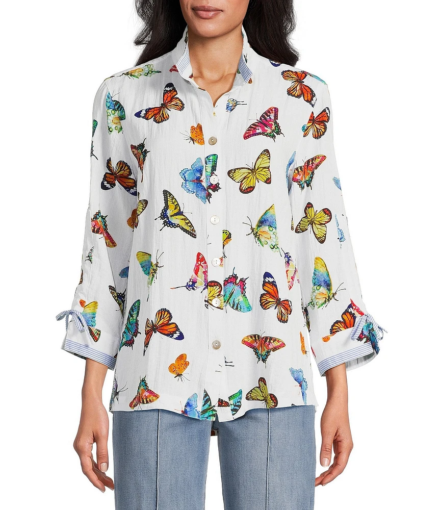 John Mark Petite Size Woven Butterfly Print Wire Collar 3/4 Cinch Tie Sleeve Button Front Blouse