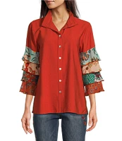 John Mark Petite Size Woven Collared 3/4 Printed Tiered Sleeve Button Down Top