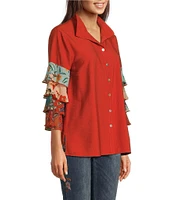 John Mark Petite Size Woven Collared 3/4 Printed Tiered Sleeve Button Down Top