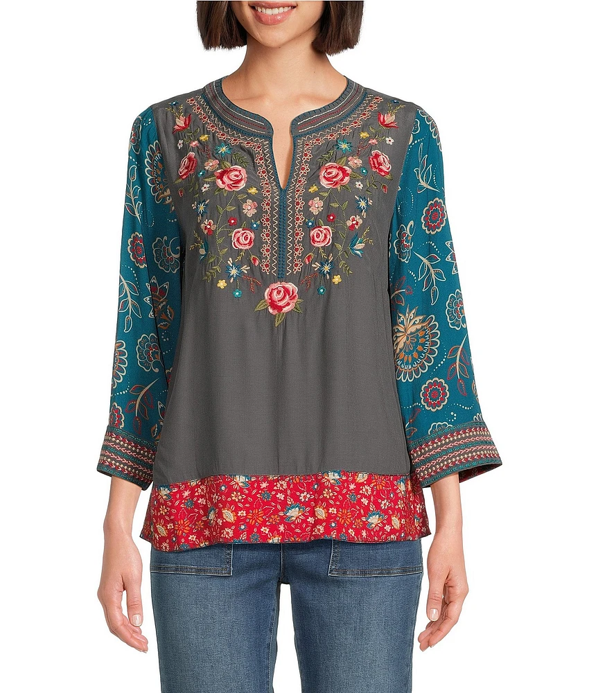 John Mark Petite Size Woven Embroidered Floral Print Y Neck 3/4 Sleeve Pullover Tunic