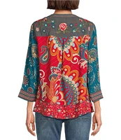 John Mark Petite Size Woven Embroidered Floral Print Y Neck 3/4 Sleeve Pullover Tunic