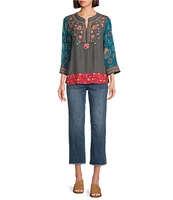 John Mark Petite Size Woven Embroidered Floral Print Y Neck 3/4 Sleeve Pullover Tunic