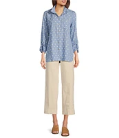 John Mark Petite Size Woven Embroidery Dot Wire Collar 3/4 Ruched Cinched Tie Sleeve Button Front Blouse