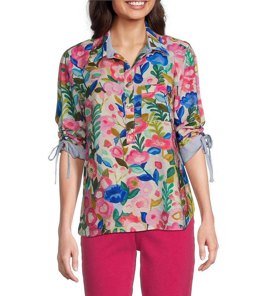 John Mark Petite Size Woven Floral Camp Notch Collar 3/4 Cinch Tie Sleeve Shirt