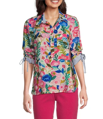 John Mark Petite Size Woven Floral Camp Notch Collar 3/4 Cinch Tie Sleeve Shirt