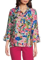 John Mark Petite Size Woven Floral Camp Notch Collar 3/4 Cinch Tie Sleeve Shirt