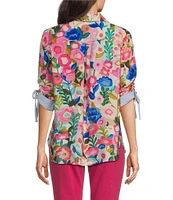 John Mark Petite Size Woven Floral Camp Notch Collar 3/4 Cinch Tie Sleeve Shirt