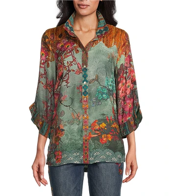 John Mark Petite Size Woven Floral Multiple Print Wire Neck 3/4 Ruffle Sleeve Button Front Shirt