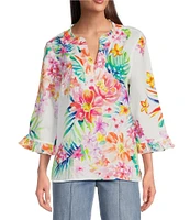 John Mark Petite Size Woven Floral Ruffle Y-Neck 3/4 Sleeve Blouse
