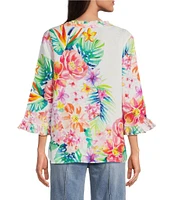 John Mark Petite Size Woven Floral Ruffle Y-Neck 3/4 Sleeve Blouse