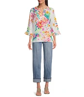 John Mark Petite Size Woven Floral Ruffle Y-Neck 3/4 Sleeve Blouse