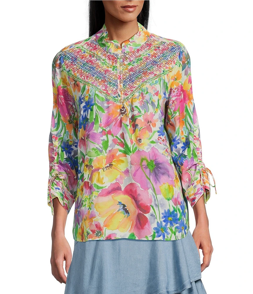John Mark Petite Size Woven Floral Ruffled Round Neck 3/4 Cinched Tie Sleeve Top