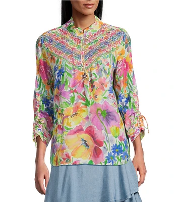John Mark Petite Size Woven Floral Ruffled Round Neck 3/4 Cinched Tie Sleeve Top