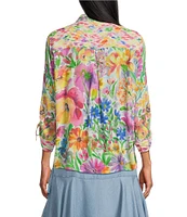 John Mark Petite Size Woven Floral Ruffled Round Neck 3/4 Cinched Tie Sleeve Top