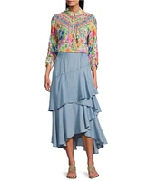 John Mark Petite Size Woven Floral Ruffled Round Neck 3/4 Cinched Tie Sleeve Top