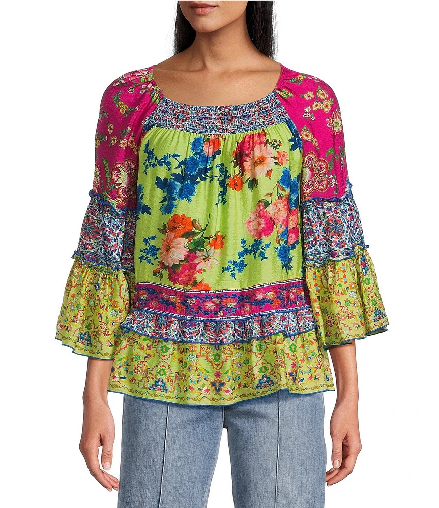 John Mark Petite Size Woven Mixed Print Scoop Neck 3/4 Flounce Sleeve Blouse