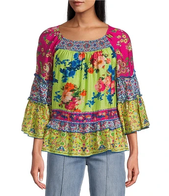John Mark Petite Size Woven Mixed Print Scoop Neck 3/4 Flounce Sleeve Blouse