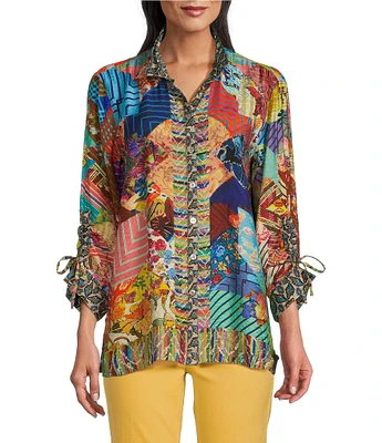 John Mark Petite Size Woven Multi Abstract Patch Print Wire Collar 3/4 Sleeve Button Front Blouse