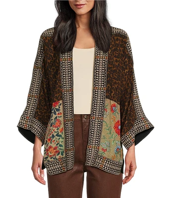 John Mark Petite Size Woven Multi Print Embroidered Open Front Neck 3/4 Sleeve Kimono Jacket