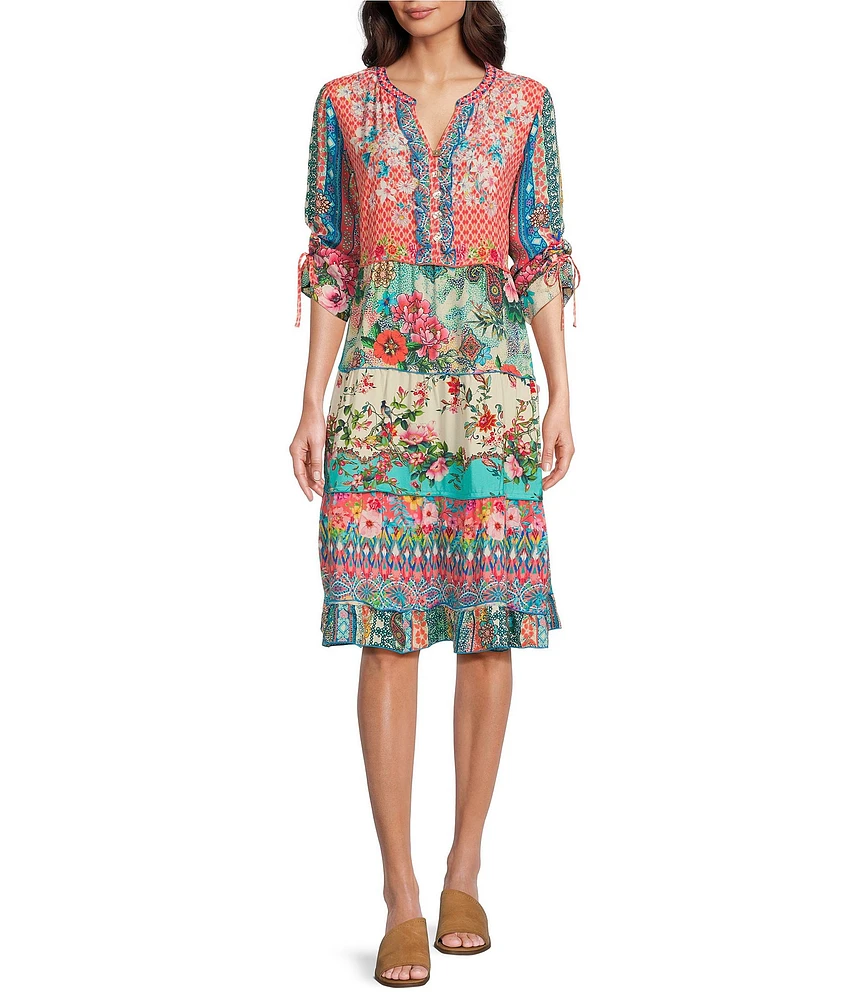 John Mark Petite Size Woven Multi Print Embroidered Y-Neck 3/4 Cinch Tie Sleeve Dress