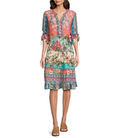 John Mark Petite Size Woven Multi Print Embroidered Y-Neck 3/4 Cinch Tie Sleeve Dress