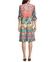 John Mark Petite Size Woven Multi Print Embroidered Y-Neck 3/4 Cinch Tie Sleeve Dress