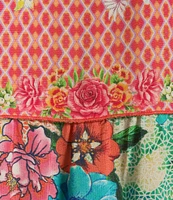 John Mark Petite Size Woven Multi Print Embroidered Y-Neck 3/4 Cinch Tie Sleeve Dress
