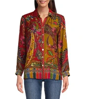 John Mark Petite Size Woven Paisley Multi Print Point Collar Long Roll-Tab Sleeve Top