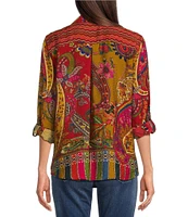 John Mark Petite Size Woven Paisley Multi Print Point Collar Long Roll-Tab Sleeve Top