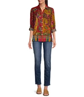 John Mark Petite Size Woven Paisley Multi Print Point Collar Long Roll-Tab Sleeve Top