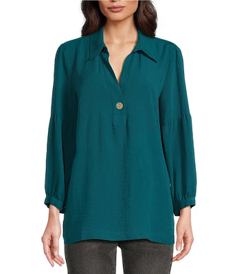 John Mark Petite Size Woven Point Collar Neck 3/4 Sleeve Single Button Pullover Tunic