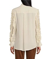 John Mark Petite Size Woven Point Collar Ruffle Long Sheer Sleeve Hi-Low Hem Top