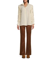 John Mark Petite Size Woven Point Collar Ruffle Long Sheer Sleeve Hi-Low Hem Top