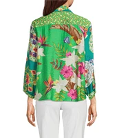 John Mark Petite Size Woven Printed Point Collar 3/4 Sleeve Tie-Front Shirt
