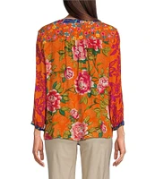 John Mark Petite Size Woven Printed Split V-Neck 3/4 Sleeve Button-Front Blouse