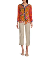 John Mark Petite Size Woven Printed Split V-Neck 3/4 Sleeve Button-Front Blouse