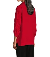 John Mark Petite Size Woven Wire Collar 3/4 Sleeve Embroidery Pop Up Floral Detail Button Front Blouse