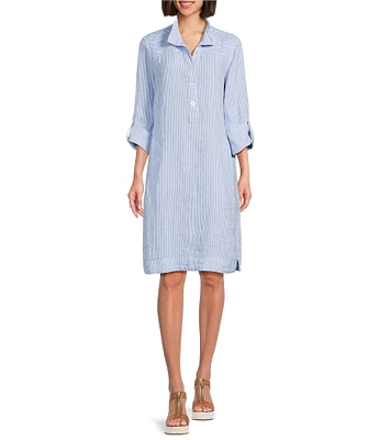 John Mark Petite Size Yarn-Dye Stripe Linen Wire Collar 3/4 Roll-Tab Sleeve Shirt Dress
