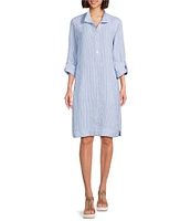 John Mark Petite Size Yarn-Dye Stripe Linen Wire Collar 3/4 Roll-Tab Sleeve Shirt Dress