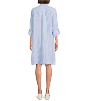 John Mark Petite Size Yarn-Dye Stripe Linen Wire Collar 3/4 Roll-Tab Sleeve Shirt Dress
