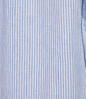 John Mark Petite Size Yarn-Dye Stripe Linen Wire Collar 3/4 Roll-Tab Sleeve Shirt Dress