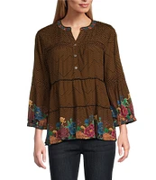 John Mark Pintuck Embroidered Print Split V-Neck 3/4 Sleeve Top