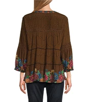 John Mark Pintuck Embroidered Print Split V-Neck 3/4 Sleeve Top