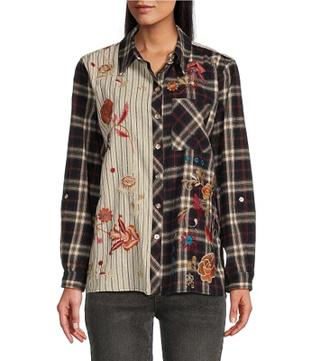 John Mark Plaid Embroidered Collar Long Sleeve Button Up Shirt