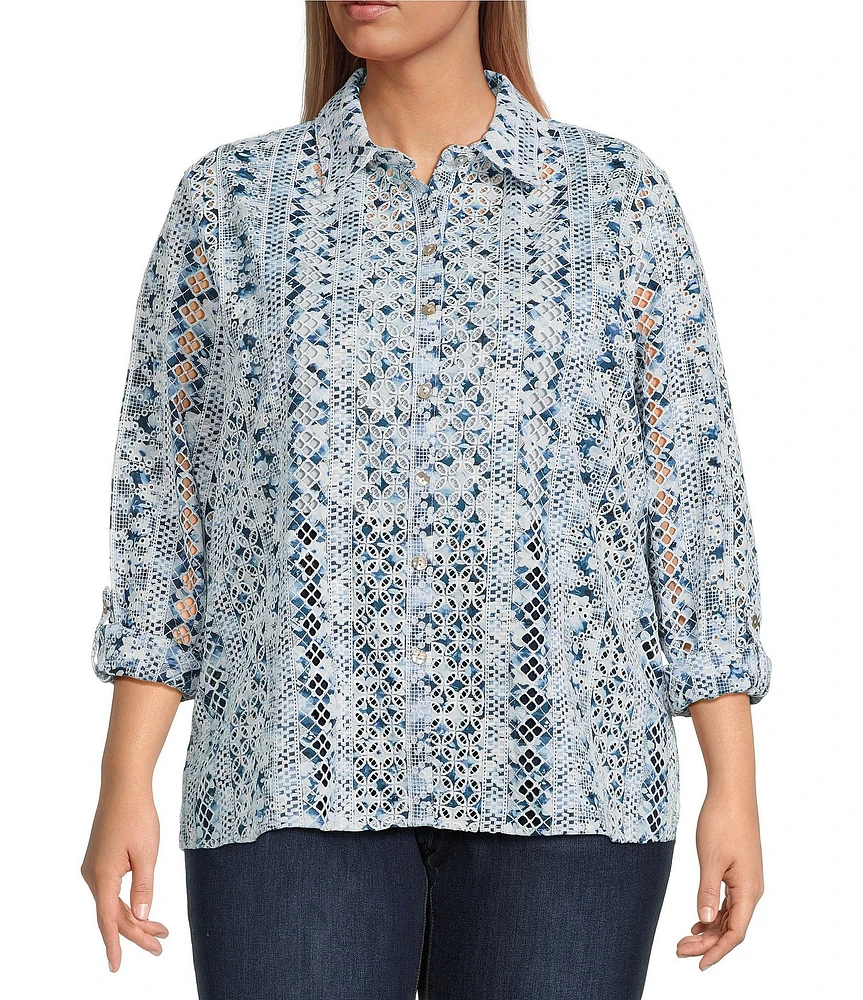 John Mark Plus Size Allover Embroidered Eyelet Printed Point Collar Long Roll-Tab Sleeve Button-Front Tunic